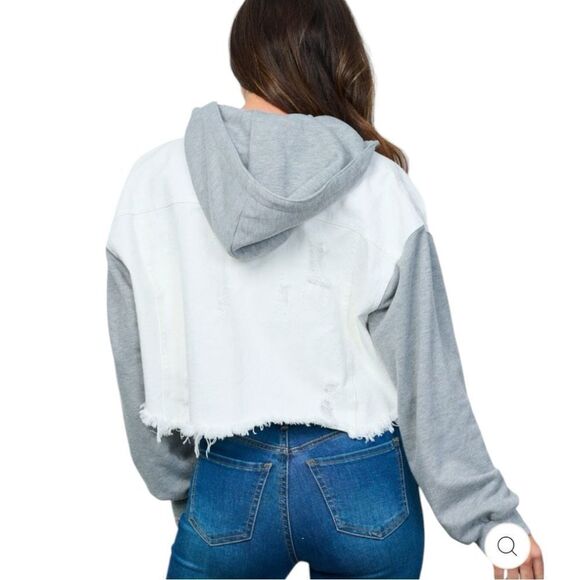 NWOT Dance & Marvel White Gray, Raw Hem, Crop Detachable Hoodie, Denim Jacket, - Picture 3 of 15